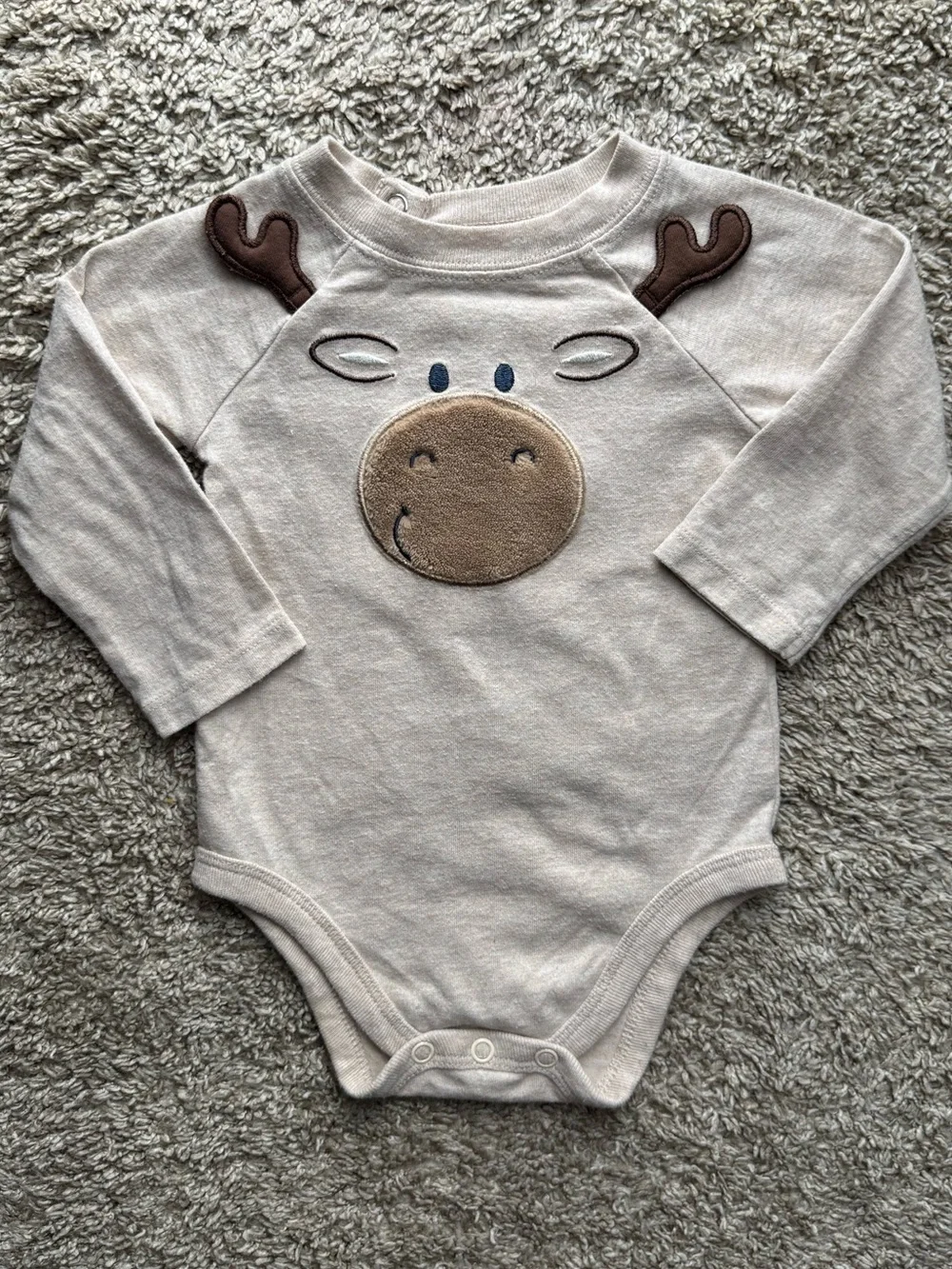 Garanimals Moose Face Long Sleeve Bodysuit 3-6M Oatmeal Winter One Piece